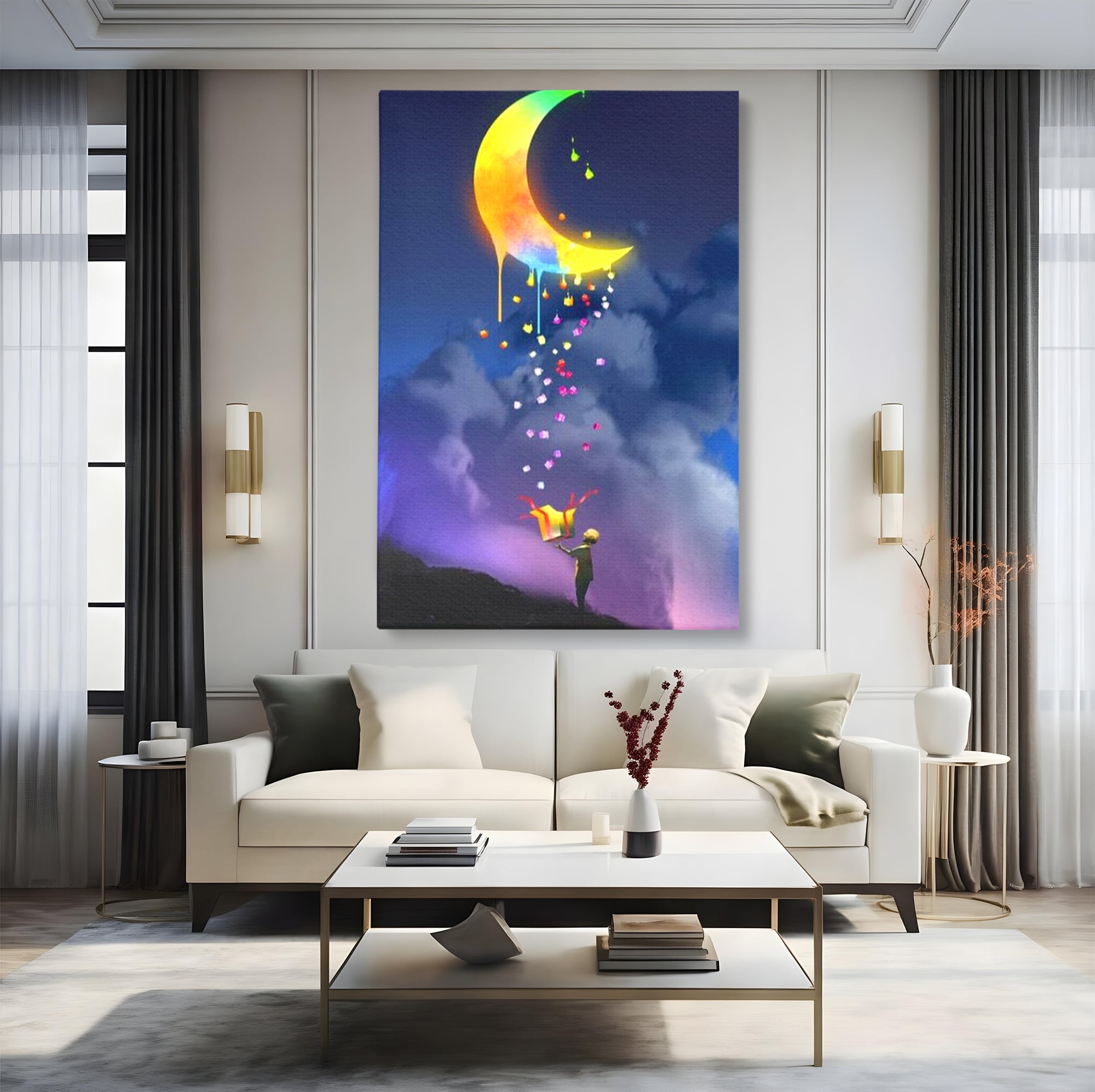 Tablou canvas cu ilustratie cu copil si luna curcubeu, fara rama, pe sasiu de lemn, pe perete intr-un living